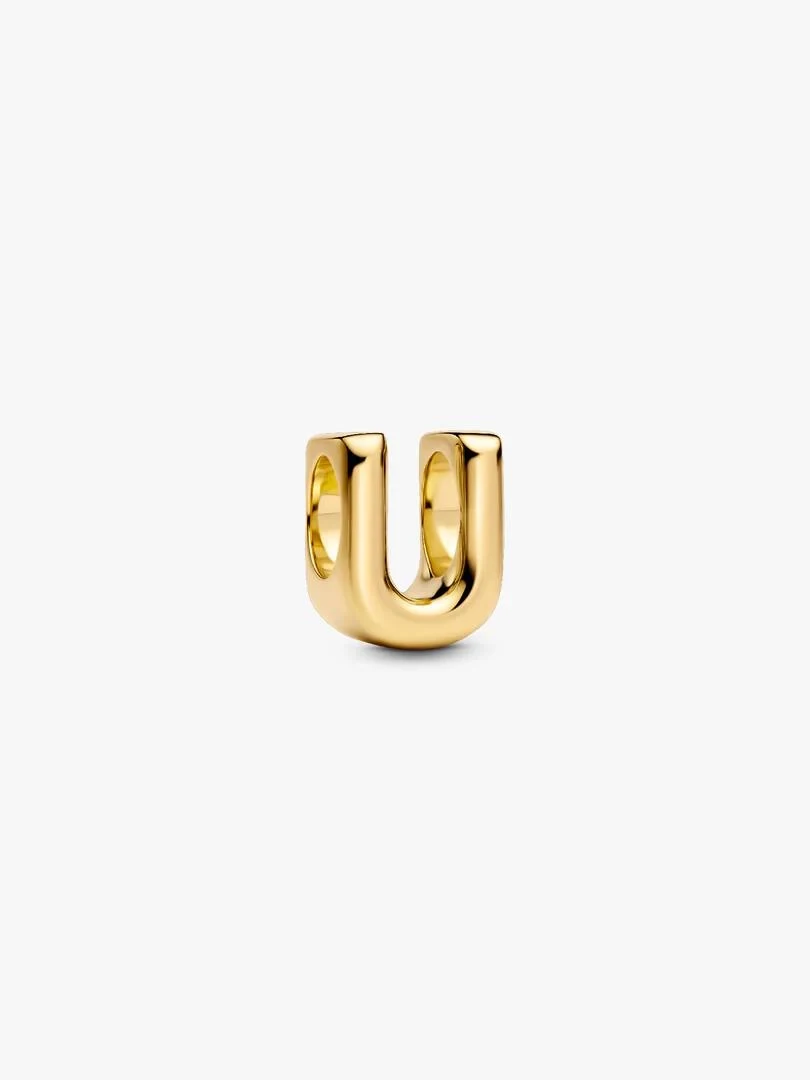 Gold letter U charm shown from a slightly elevated front angle, isolated on a white background.