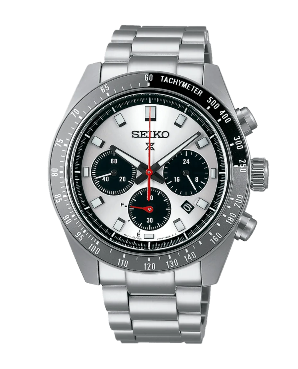 Vista frontal completa del reloj con brazalete de acero y esfera plateada sobre fondo blanco