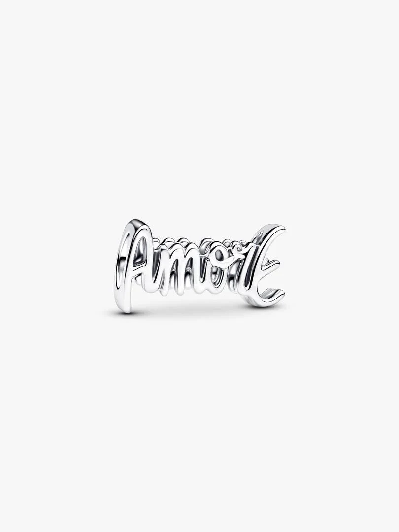 Silver charm featuring the word 'Amor' in relief, front view at a slight angle on a white background.
