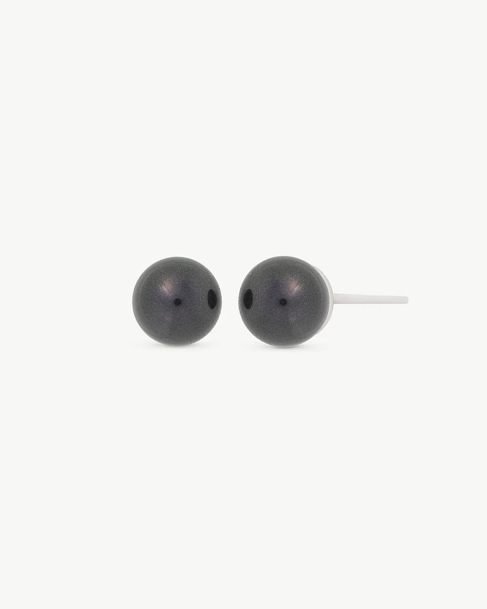 Front view of black pearl stud earrings on a white background, showing the side post.