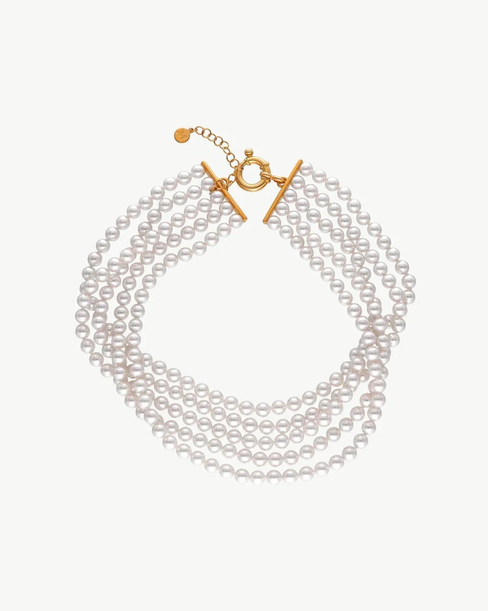 Five-strand white pearl necklace on a white background, front view with gold bar clasp.