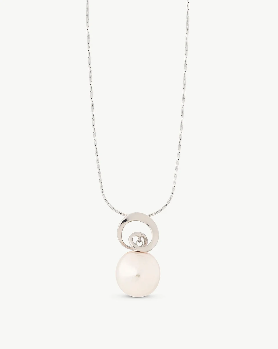 Front view of silver necklace with spiral design and oval pearl pendant on a white background.