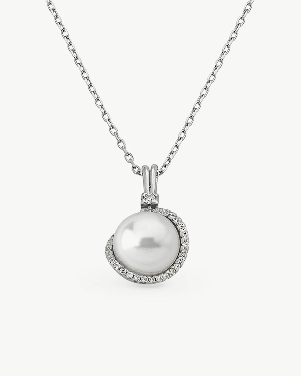 Silver necklace with pearl and cubic zirconia pendant, front view on a pure white background.