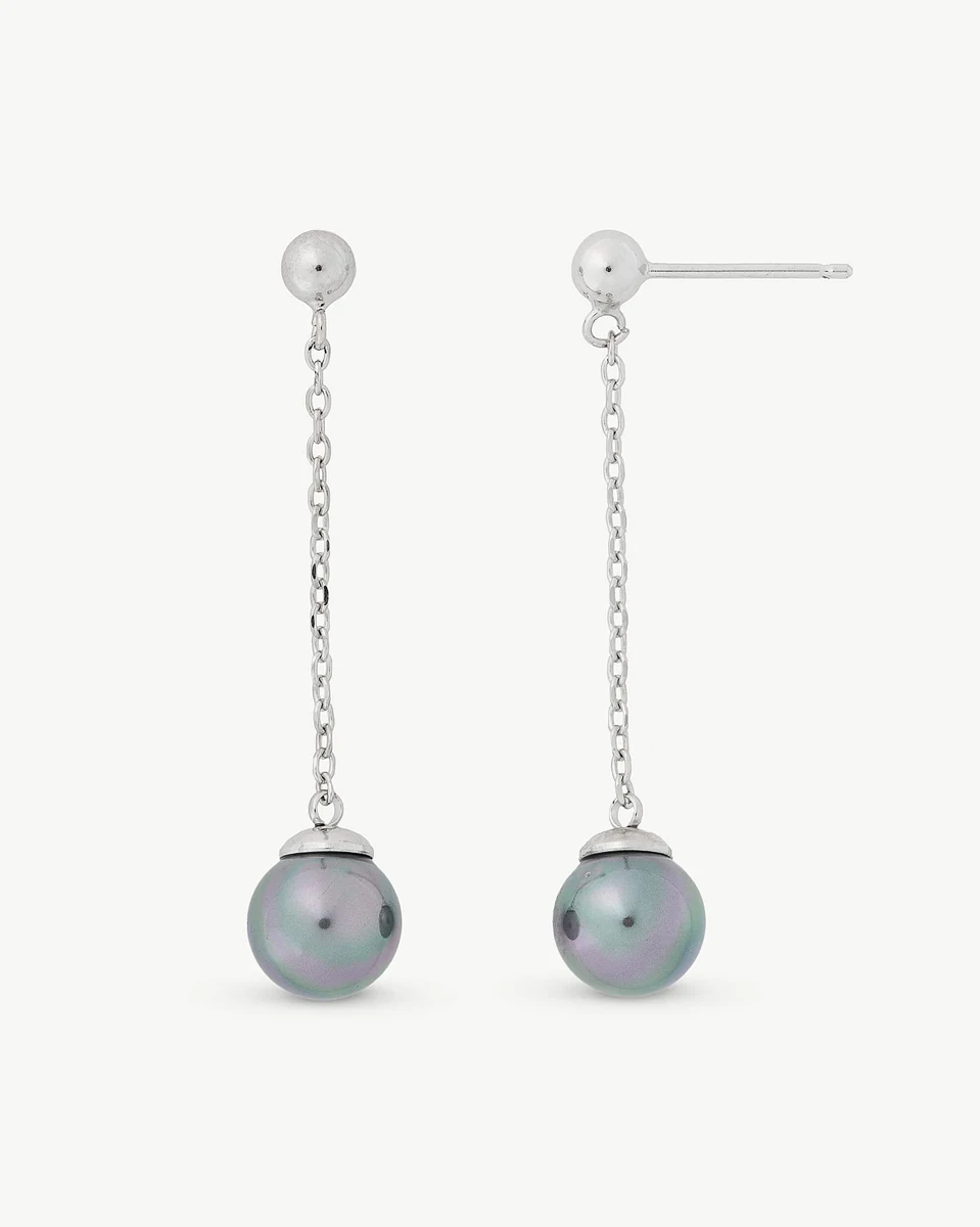 Front view of long drop earrings with grey pearl and silver chain on a white background.