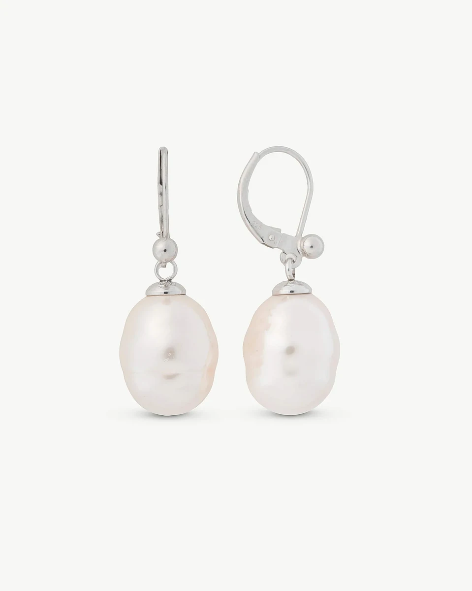 Front view of baroque pearl earrings, straight angle, on a pure white background.