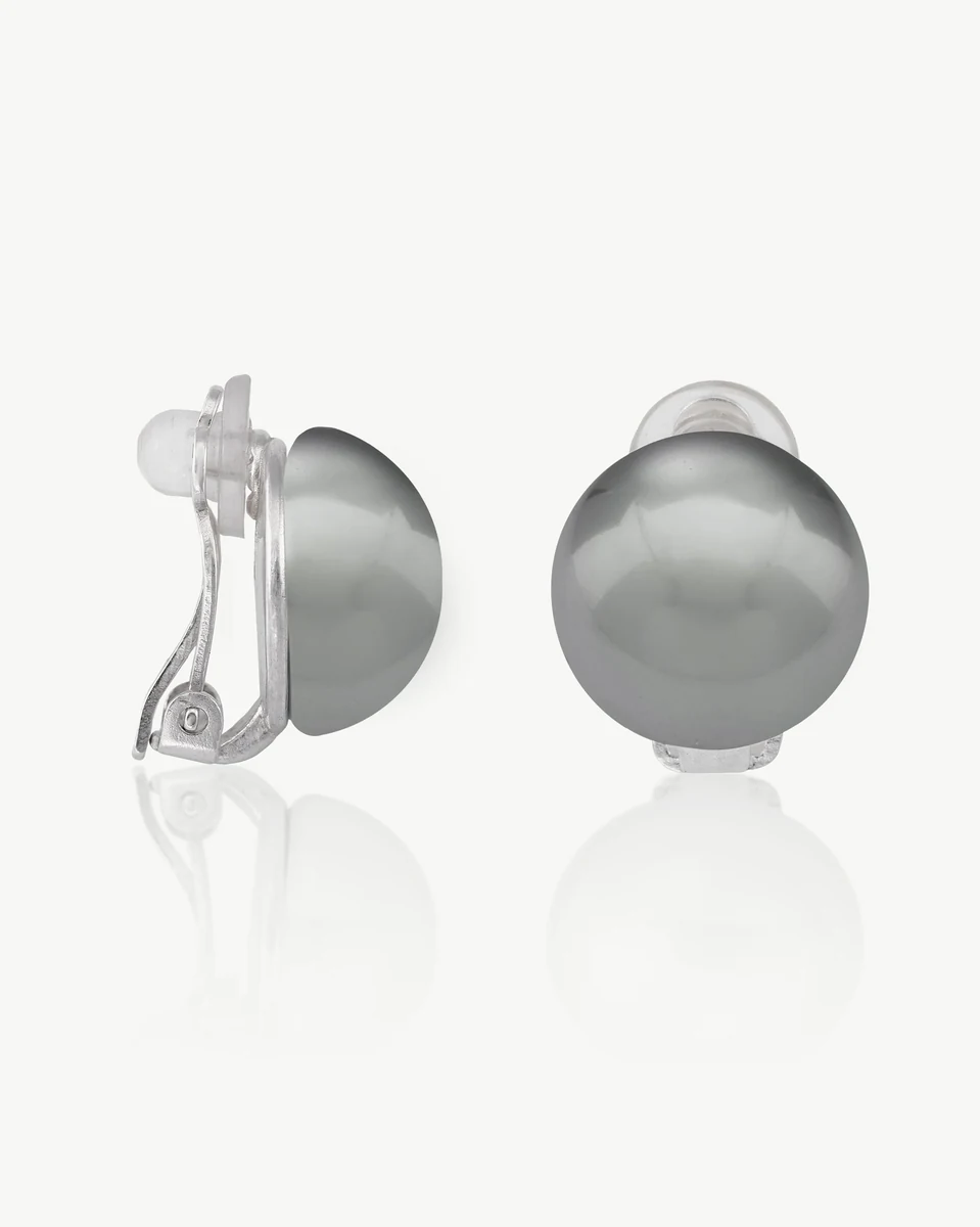 Pair of grey half-pearl earrings on a white background with a bottom reflection.