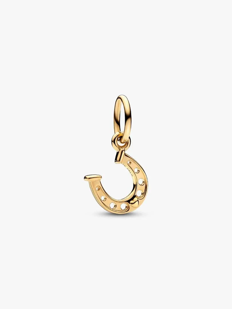14k gouden hoefijzer charm met uitgesneden details, vooraanzicht op een witte achtergrond.