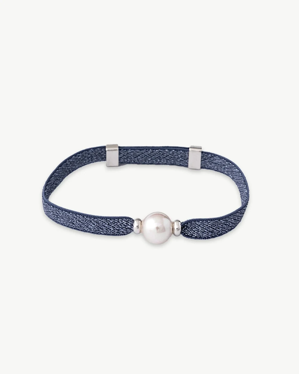 Blue thread bracelet with central pearl, front view on a pure white background.