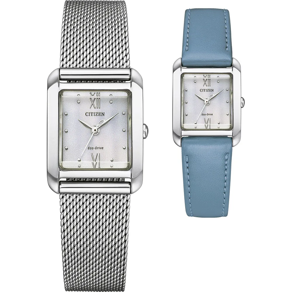 Vista frontal de dos relojes de caja rectangular plateada, uno con malla milanesa y otro con correa azul, fondo blanco.