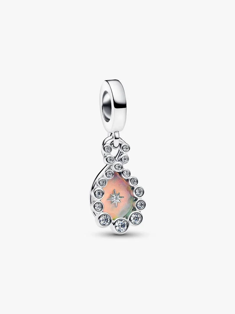 Silver dangle charm with cubic zirconia and opal details, front view on a white background.