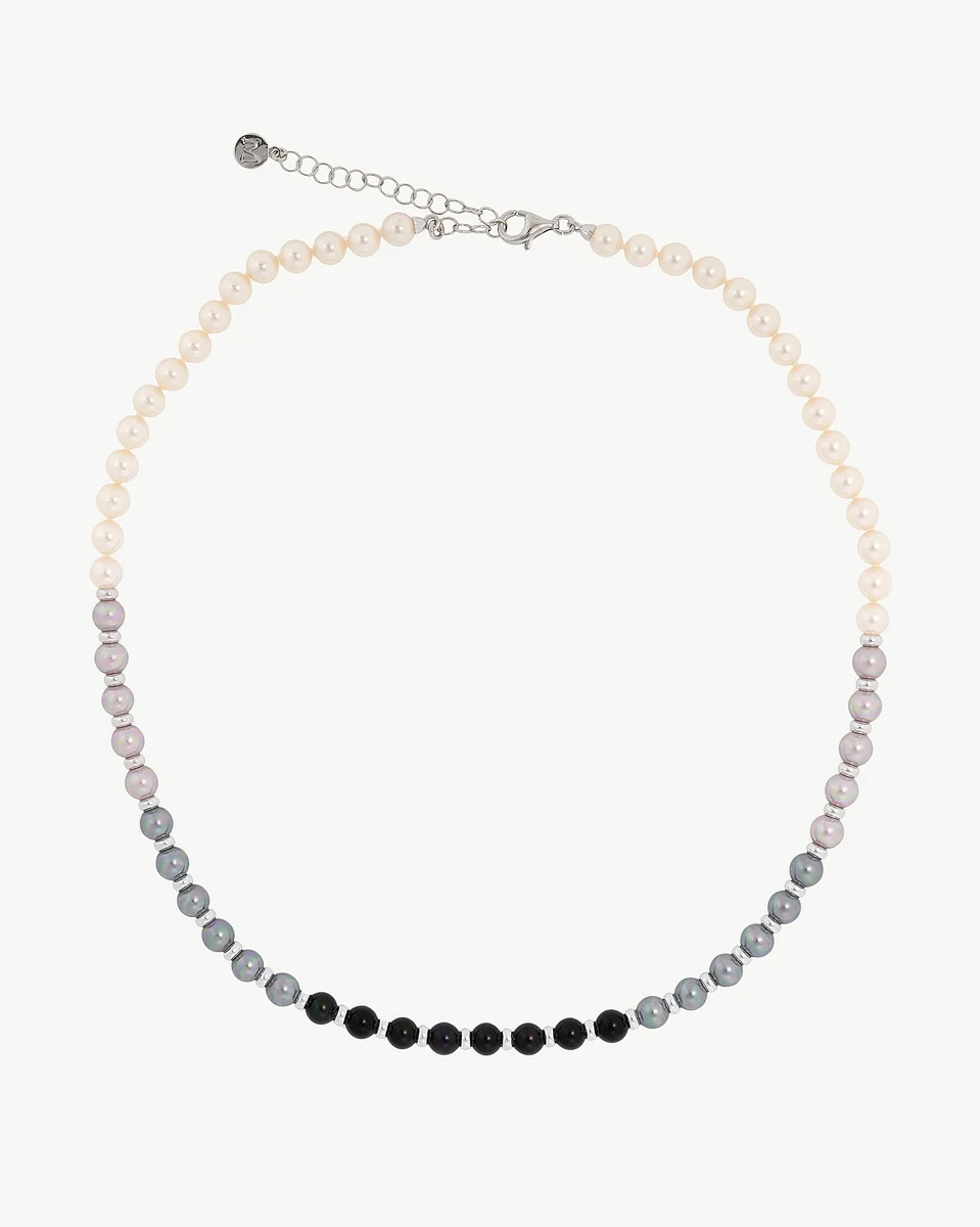 Pearl necklace arranged in a circular shape on a white background, front view showing color gradient.