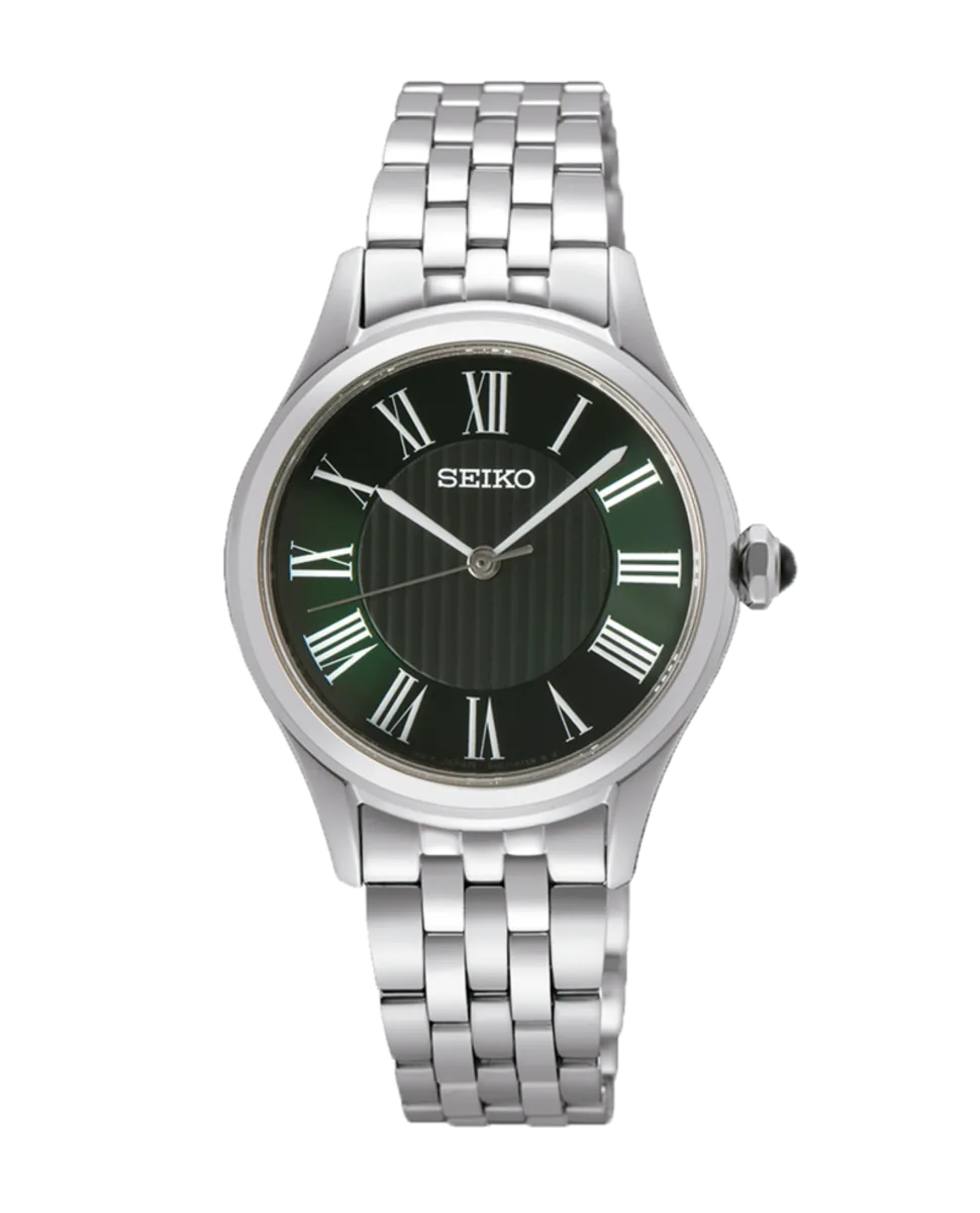 Vista frontal completa del reloj con esfera verde y brazalete de acero, sobre fondo blanco.