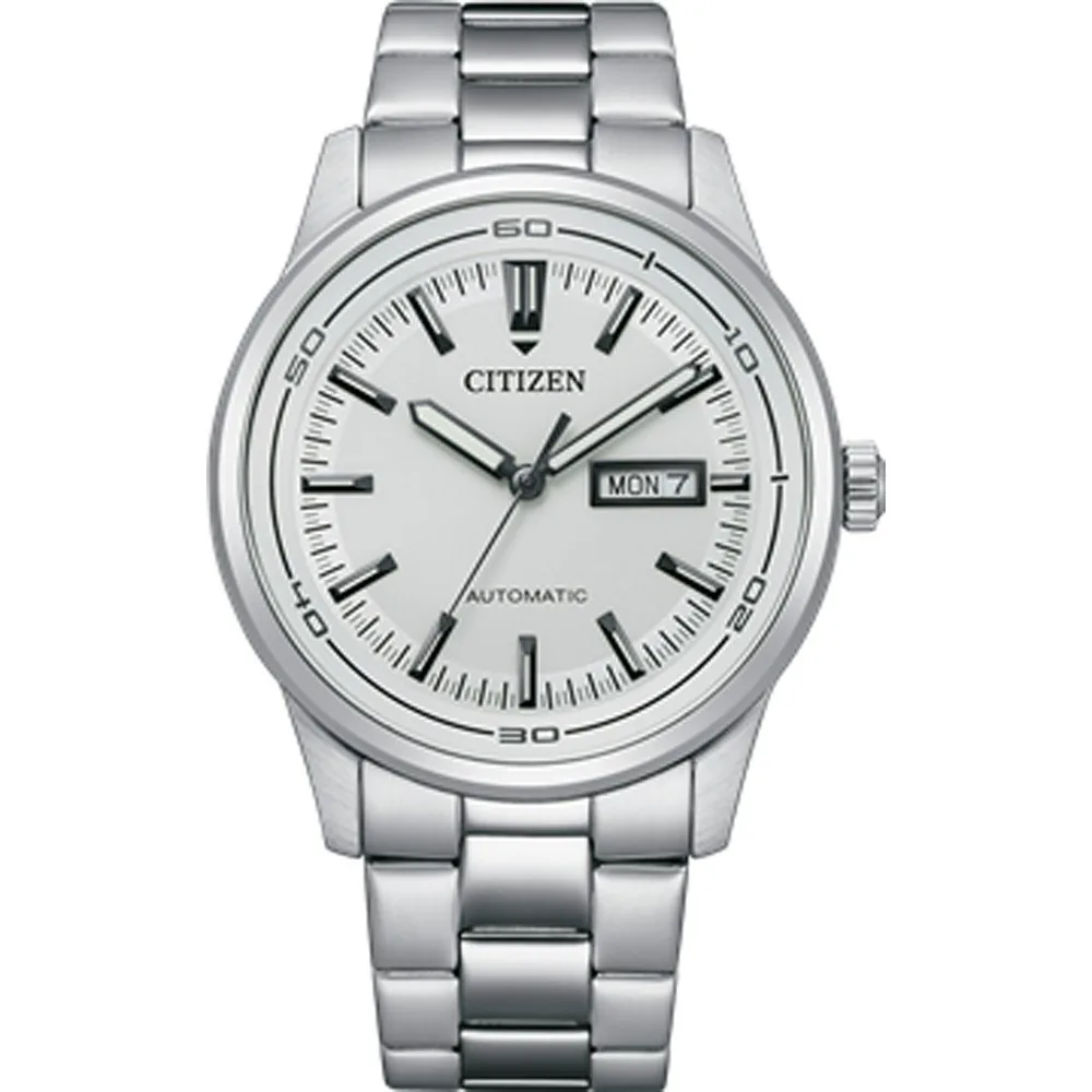 Vista frontal del reloj con esfera beige y brazalete de acero, centrado sobre fondo blanco