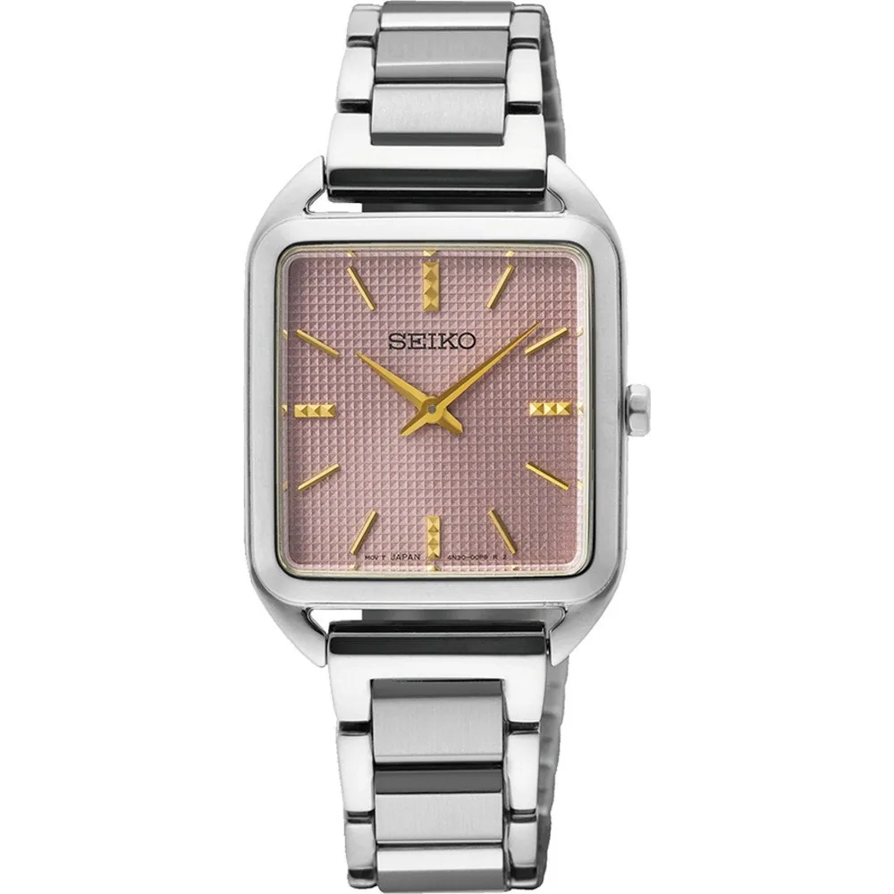Vista frontal del reloj rectangular con esfera rosa y brazalete de acero plateado sobre fondo blanco
