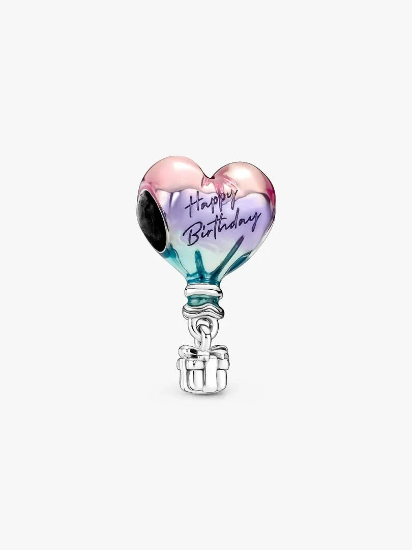 Heart-shaped hot air balloon charm with multicolor enamel, front view on a white background.
