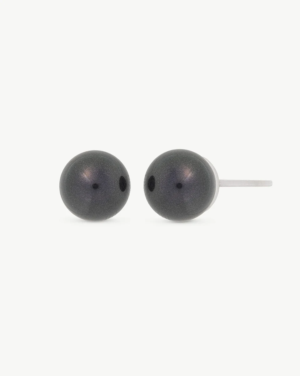 Front view of black pearl stud earrings on a white background, showing the side post.