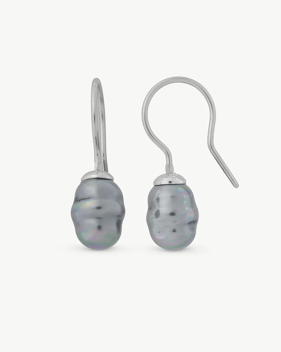 Pair of grey baroque pearl drop earrings with hook closure, front view on white background.