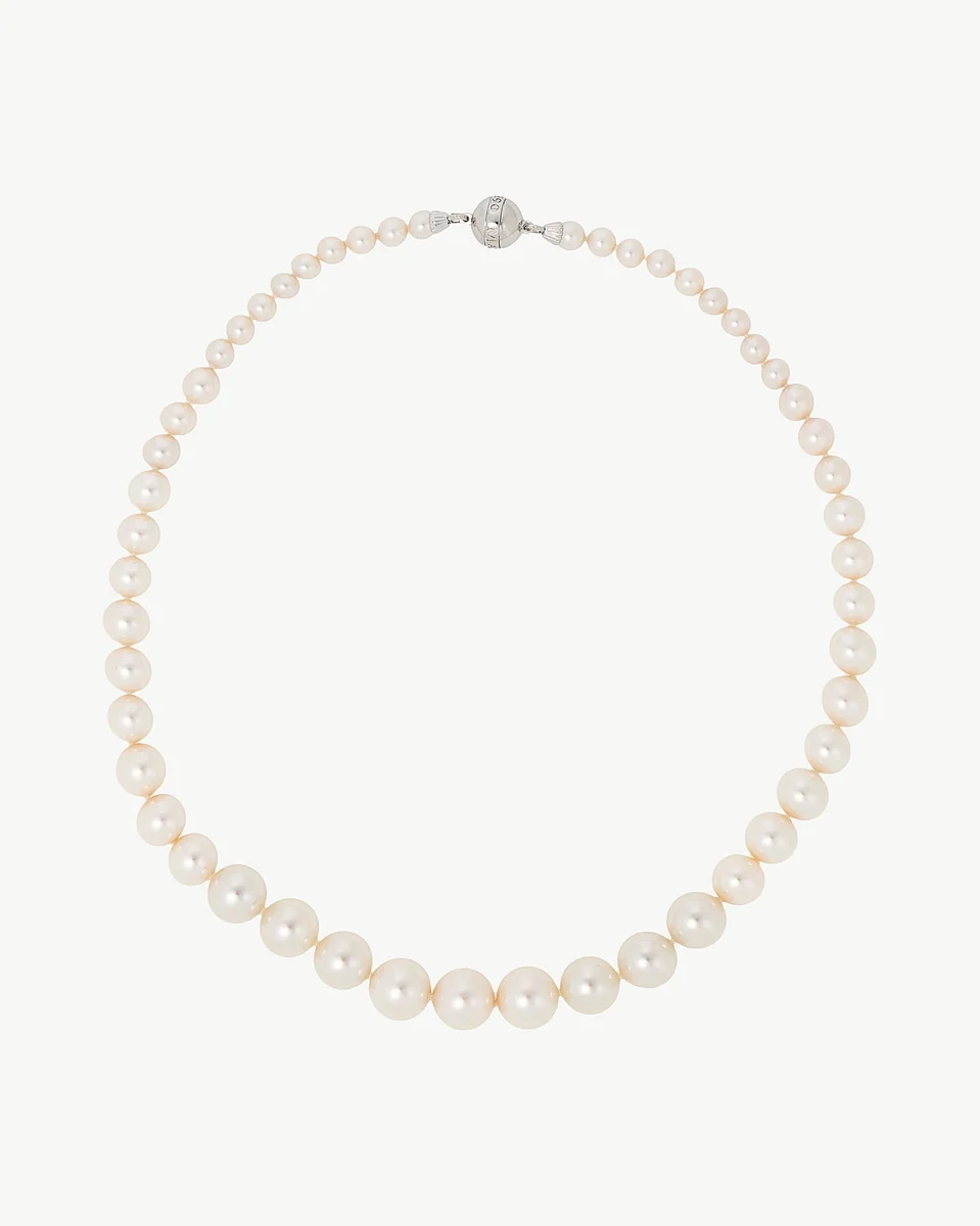 Pearl necklace arranged in a circular shape on a white background, full frontal view.