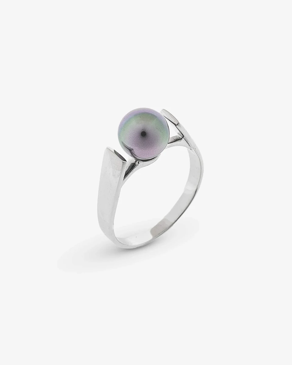 Silver ring with grey pearl shown from a side angle on a pure white background.