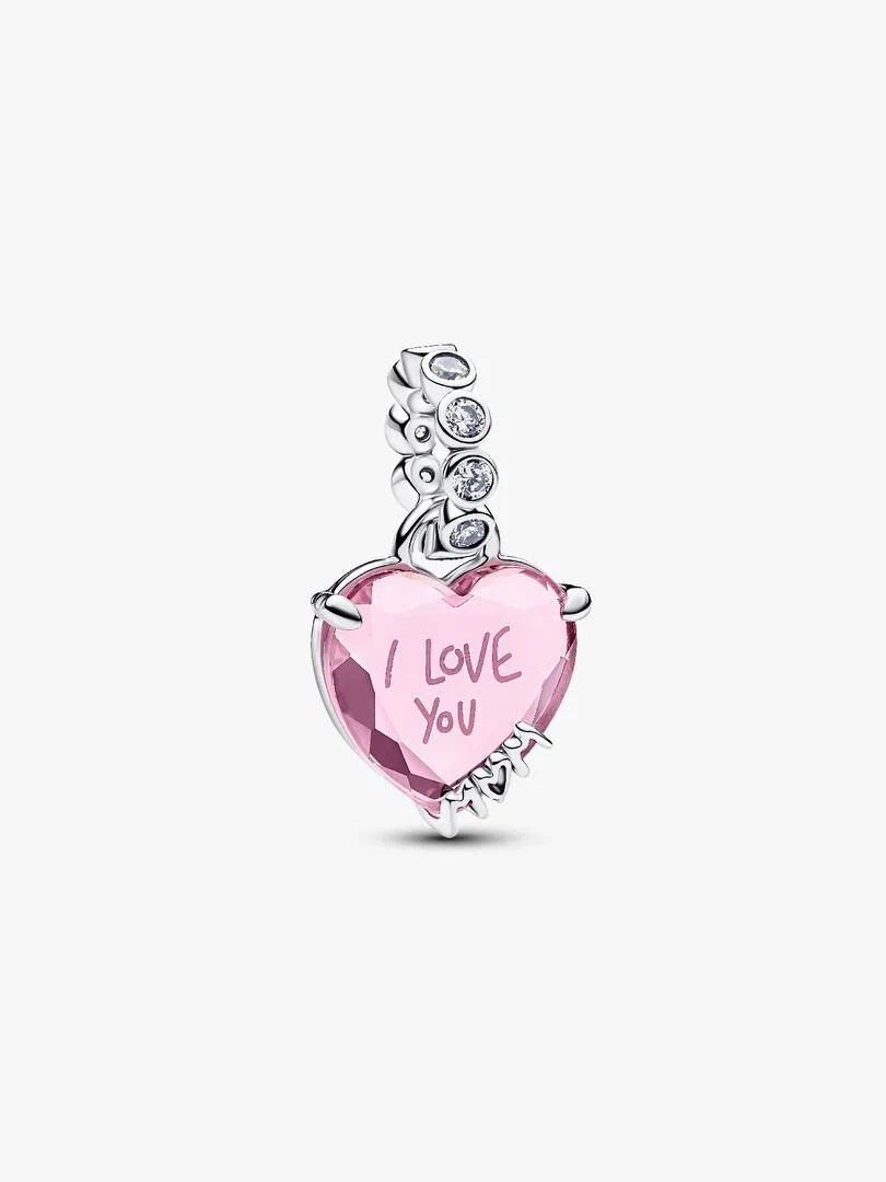 Pink heart charm with inscription, front angled view, pure white background.